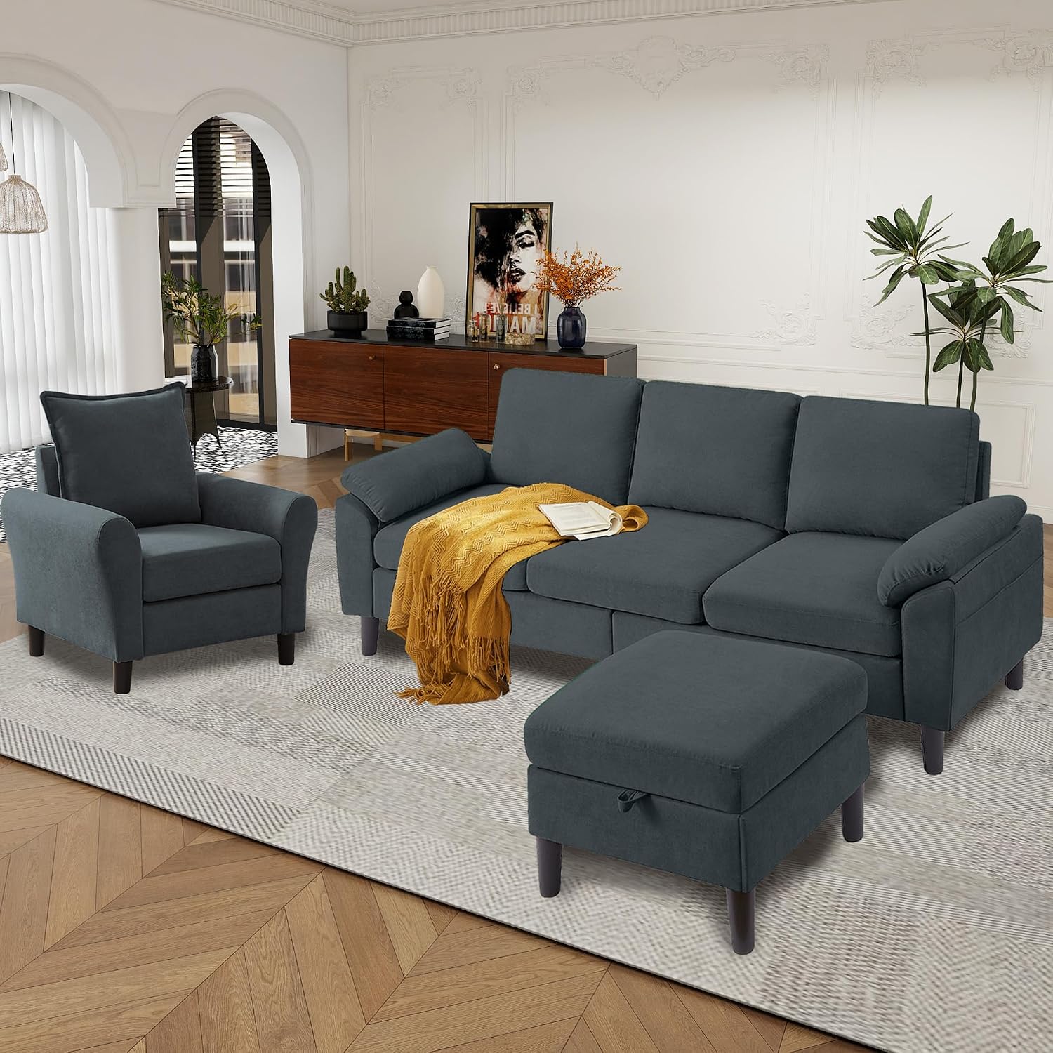79" Convertible Sectional Sofa Set, Modern Linen Small L Shaped Couch with Reversible Ottoman and Accent Chair, 3-Seat Sofa Couches for Living Room, Office, Apartment, Dark Grey
