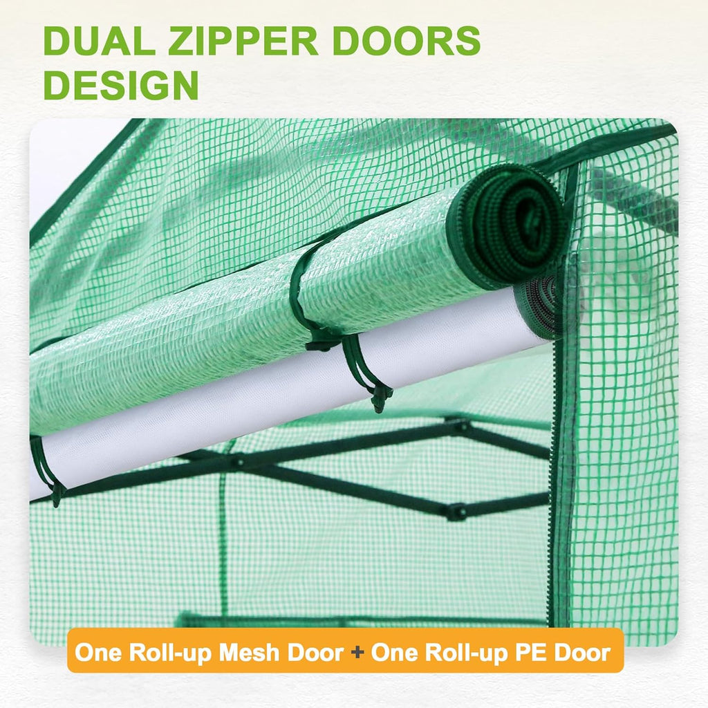 EAGLE PEAK Replacement Cover for 8x6 Portable Pop up Greenhouse, Dual Roll-up Zipper PE Door & Upgraded Screen Mesh Door and 2 Roll-Up Side Windows (Frame Not Included), Green
