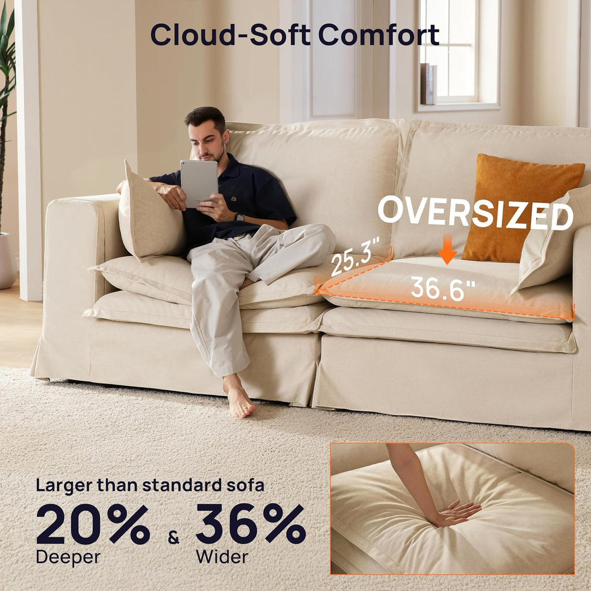 117.7" Washable Oversized Modular Sectional Sofa, Cloud Couch with Fully Removable Cover, Comfy Sectional Couches for Living Room, Performance Fabric, Beige, 6-Seater with Corner & Ottoman, V-Shaped