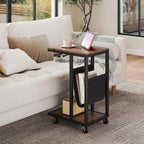 Tangkula Mobile C Shaped Side Table, 2 Tier Sofa Couch Table with Canvas Storage Pouch, Industrial End Table with Metal Frame & 360° Rolling Casters for Living Room, Bedroom