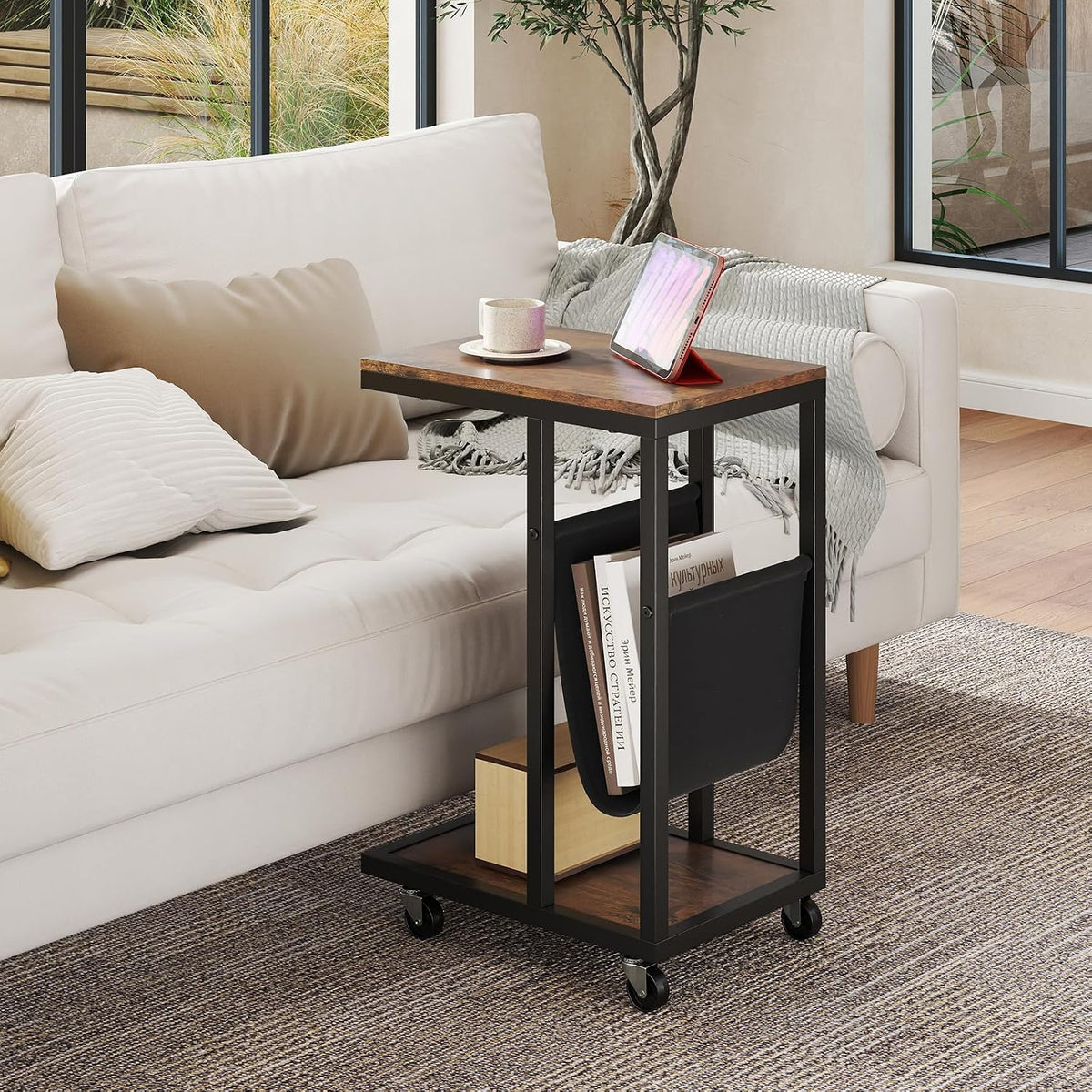 Tangkula Mobile C Shaped Side Table, 2 Tier Sofa Couch Table with Canvas Storage Pouch, Industrial End Table with Metal Frame & 360° Rolling Casters for Living Room, Bedroom