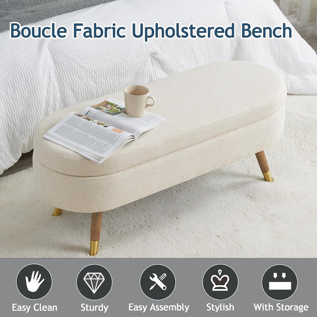 IAFIKE Oval Storage Bench 43.5" Ottoman Bench Upholstered Boucle Fabric Footrest Bench with Golden Metal Legs End of Bed for Bedroom, Living Room, Entryway,Bed Side (Beige)