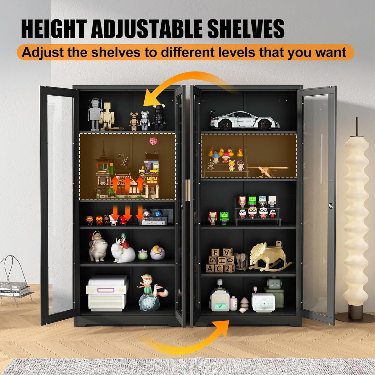 Glass Display Cabinet, 71" Tall Metal Curio Cabinet with Glass Doors, Black Display Case, Storage Cabinets with 4 Adjustable Shelves, Locking Storage Cases for Hallway, Kitchen, Living Room