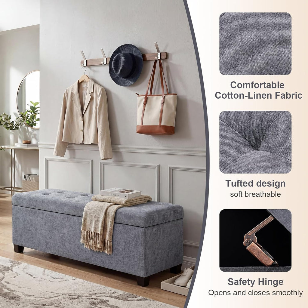 Asense Storage Ottoman Bench,42 inch Upholstered End of Bed Bench,Safety Hinge Storage Bench for Living Room,Bedroom,Entryway (42" Cotton-Linen Grey)