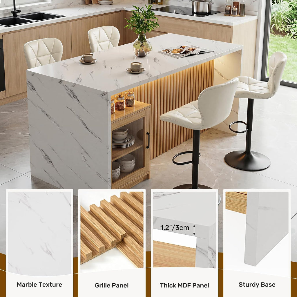 Miereirl 63”/32” Kitchen Island Table with Storage Space, Imitation Marble Island Table for Kitchen with LED Lights, Large Counter Height Dining Table with Fluted Base for 4 (White)