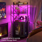 Aheaplus Corner Bar Cabinet with Power Outlet, Industrial Liquor Cabinet | 5-Tiers Wine Cabinet Mini Bar Unit with LED Strip and Glass Holder for Home, Corner Display Cabinet for Small Space, Black