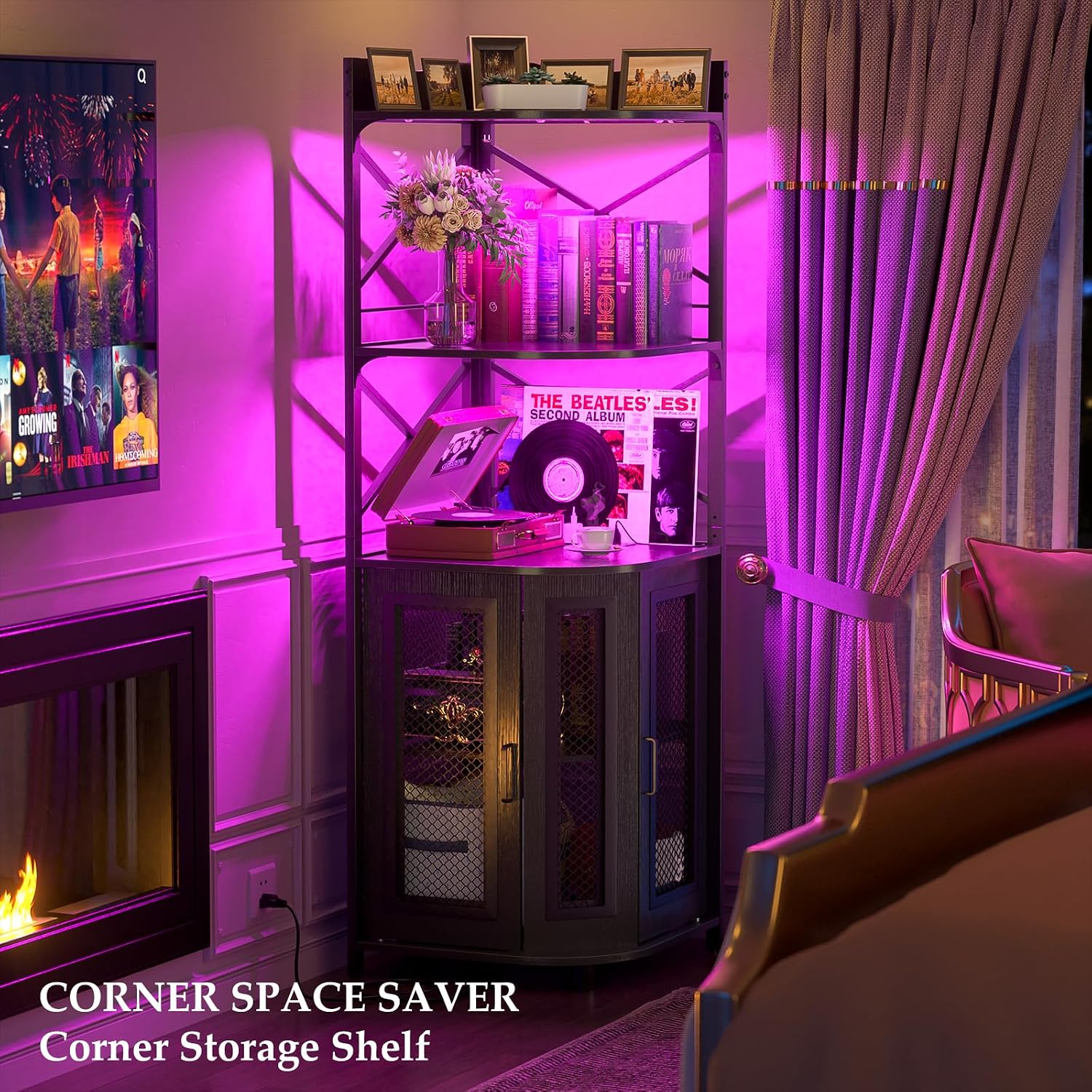Aheaplus Corner Bar Cabinet with Power Outlet, Industrial Liquor Cabinet | 5-Tiers Wine Cabinet Mini Bar Unit with LED Strip and Glass Holder for Home, Corner Display Cabinet for Small Space, Black