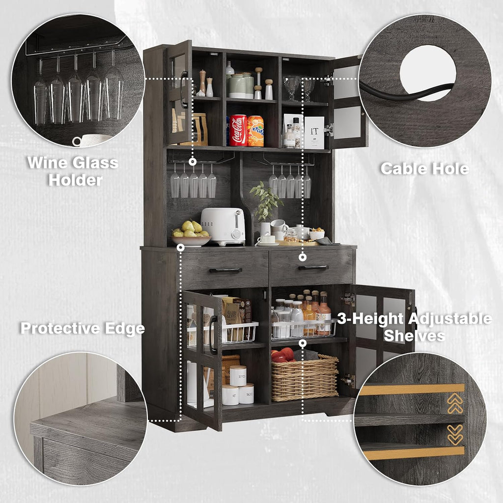 Kitchen Pantry Storage Cabinet, Modern Pantry with Power Outlet, Food Pantry Cabinet with Wine Glass Holder, Kitchen Hutch Cabinet with Microwave Stand, Kitchen Cabinet with Shelves for Dinning Room