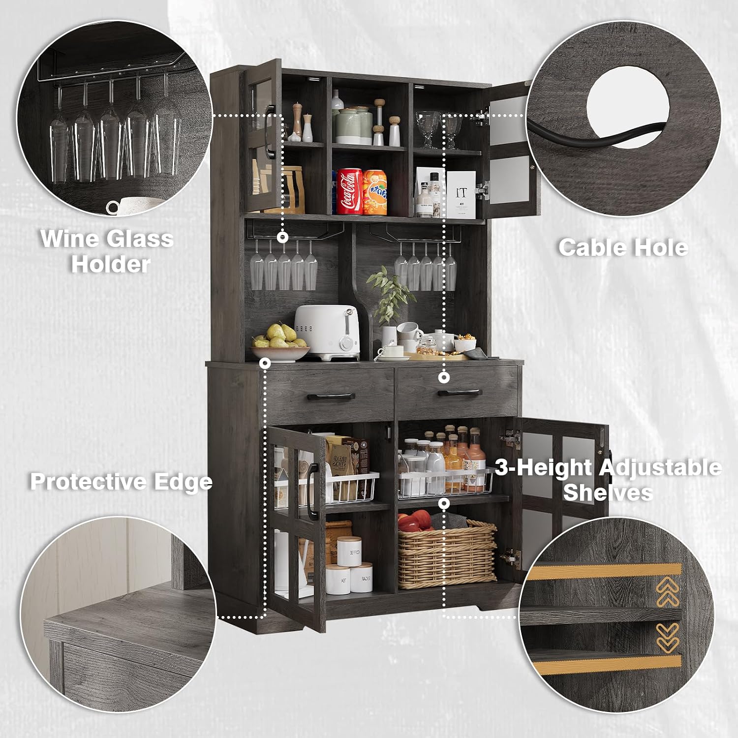 Kitchen Pantry Storage Cabinet, Modern Pantry with Power Outlet, Food Pantry Cabinet with Wine Glass Holder, Kitchen Hutch Cabinet with Microwave Stand, Kitchen Cabinet with Shelves for Dinning Room