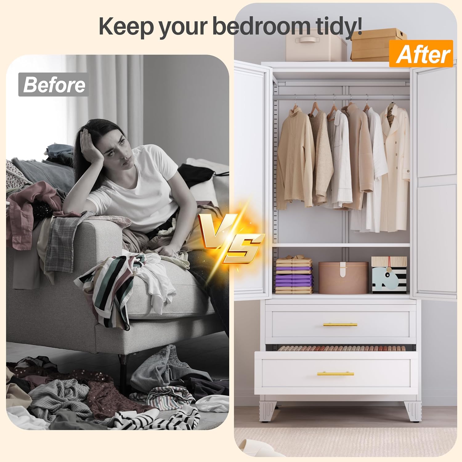 RIETERN Metal Armoire Wardrobe Closet, 71" Tall Bedroom Closet with Mirror | 2 Drawers, Adjustable Shelves, and Hanging Rod, Steel clothes closets and Storage, for Bedroom White