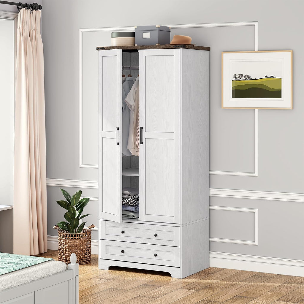 Brafab 2 Doors Wooden Armoire Wardrobe Closet with 2 Drawers, White | 2 Modern Doors, Freestanding, with Drawers and Hanging Rail, Wooden Storage Cabinet with Shelf, for Bedroom