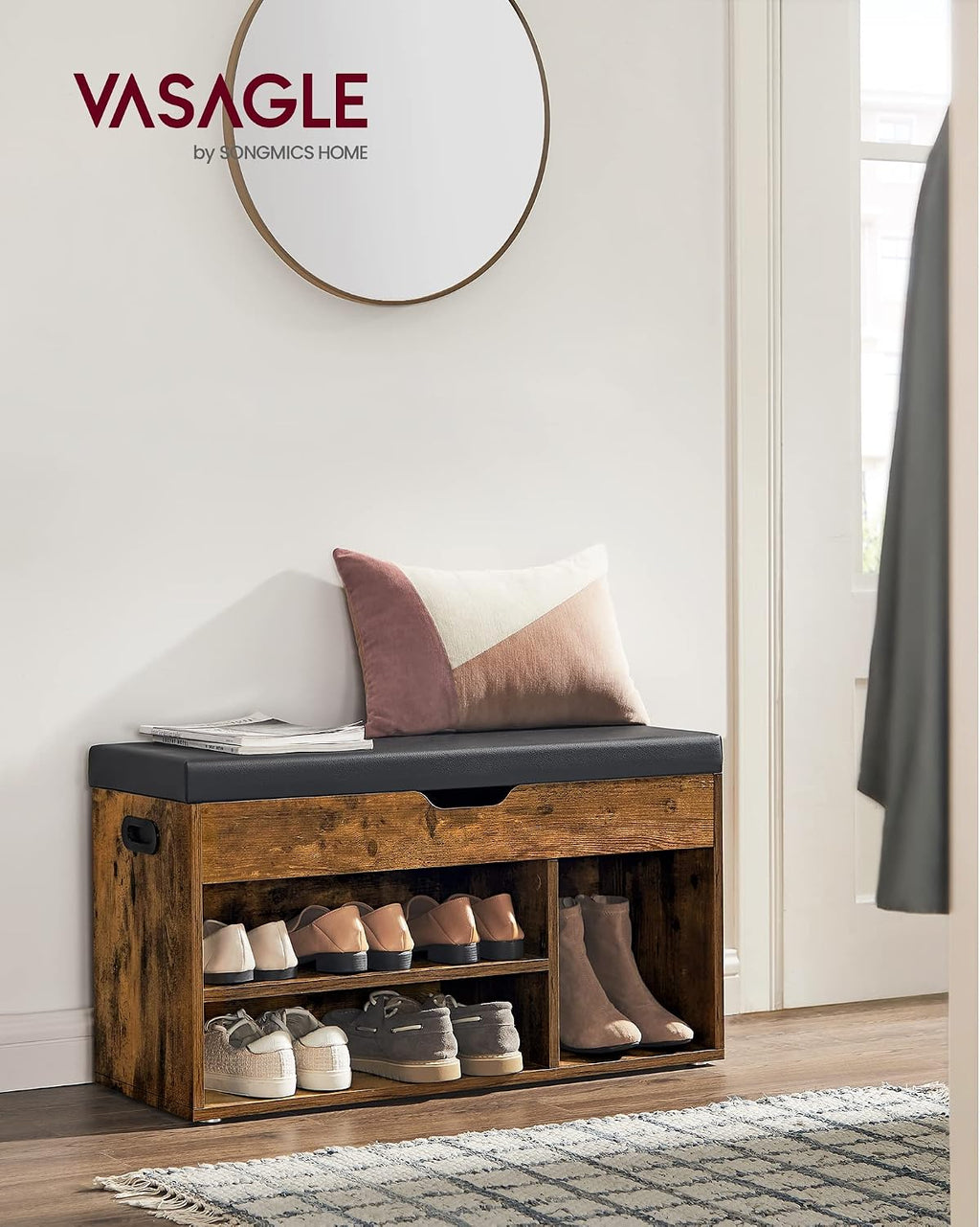VASAGLE Storage Bench with Cushion, Shoe Bench,11.8 x 31.5 x 17.3 Inches | Padded Seat, Hidden Storage, Hold up to300 lb, Entryway, Rustic Brown and Ink Black, CUSTOS Collection ULHS30BX