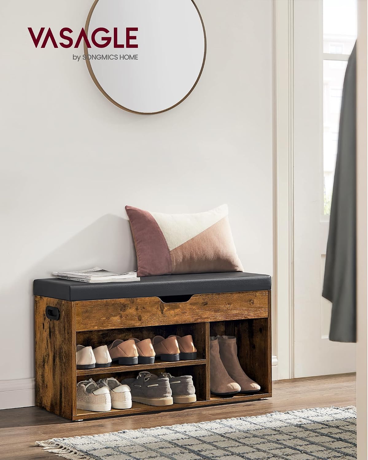 VASAGLE Storage Bench with Cushion, Shoe Bench,11.8 x 31.5 x 17.3 Inches | Padded Seat, Hidden Storage, Hold up to300 lb, Entryway, Rustic Brown and Ink Black, CUSTOS Collection ULHS30BX