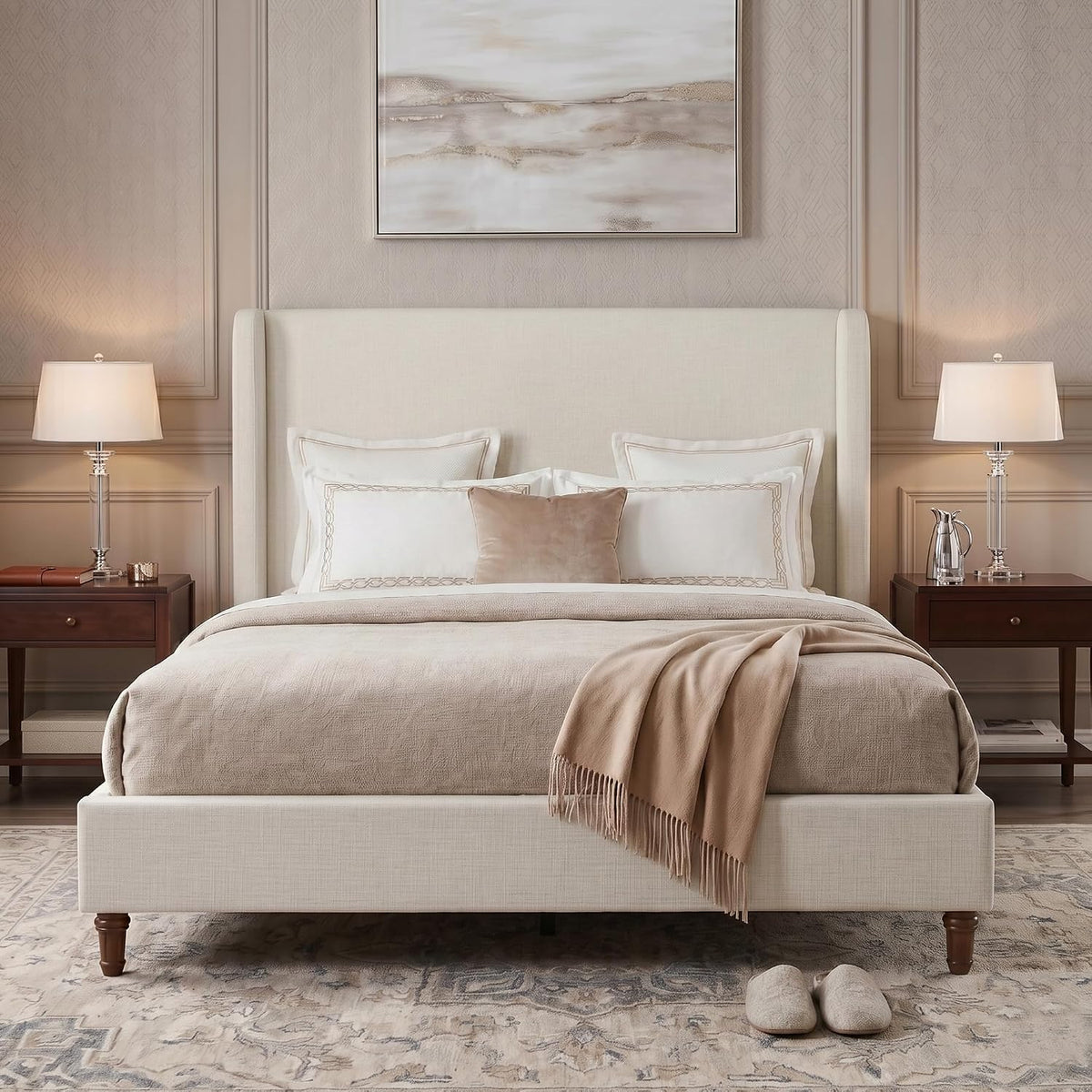54" Extra-Tall Headboard Bed Frame - Heavy Duty Wingback Upholstered Platform Bed in Premium Chenille, Supports 1000lbs, No Box Spring Needed, Solid Wood Feet (Textured Ivory Canvas, King)