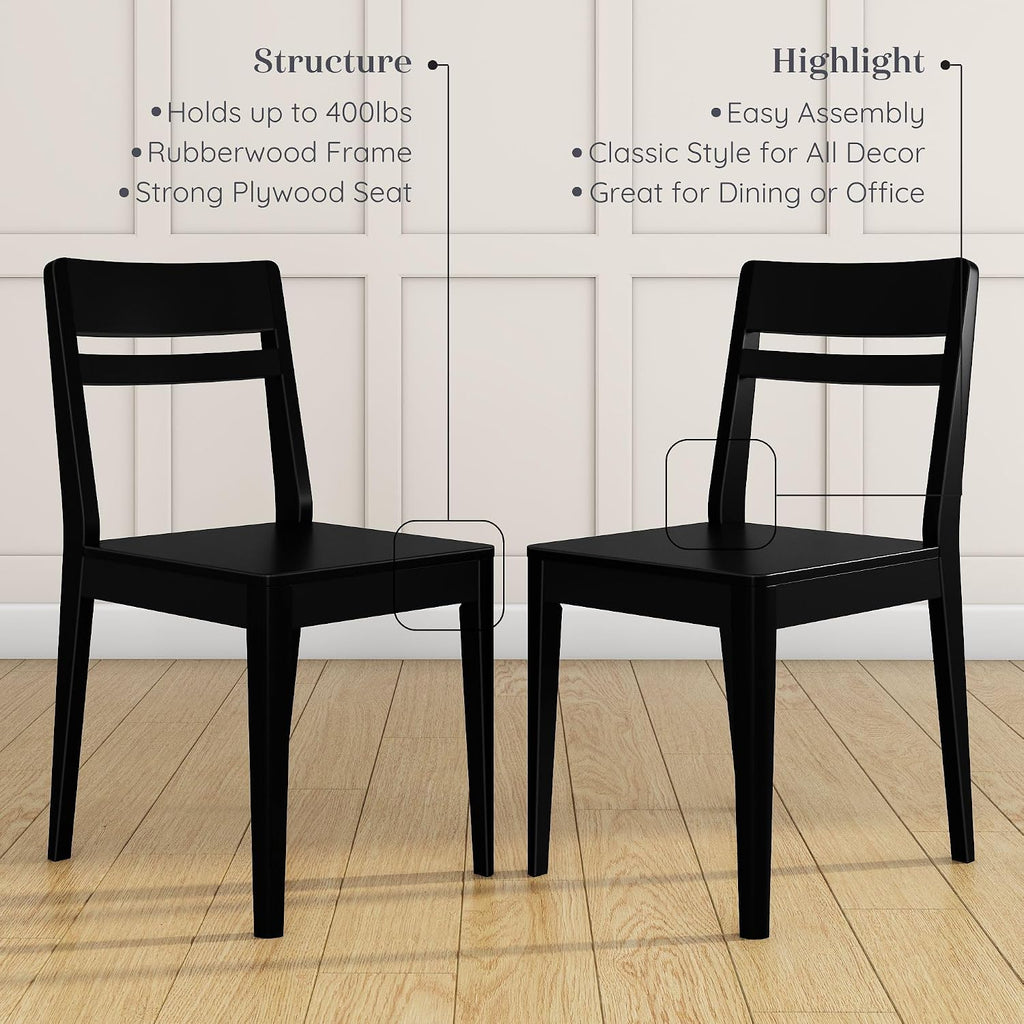 Grain & Grove Crew Dining Chair, Set of 2, Solid Rubberwood Frame, Engineered Wood Seat, Comfortable Backrest, Easy Assembly, Durable Wooden Kitchen & Dining Room Chair, Black