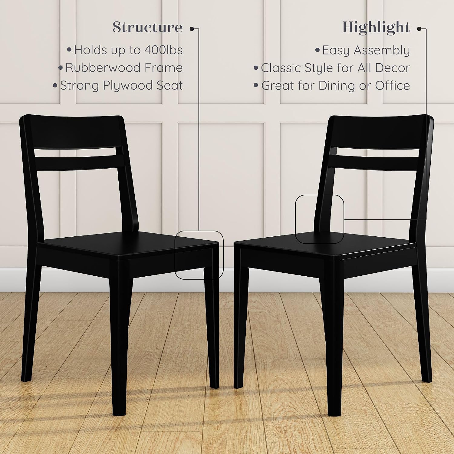Grain & Grove Crew Dining Chair, Set of 2, Solid Rubberwood Frame, Engineered Wood Seat, Comfortable Backrest, Easy Assembly, Durable Wooden Kitchen & Dining Room Chair, Black