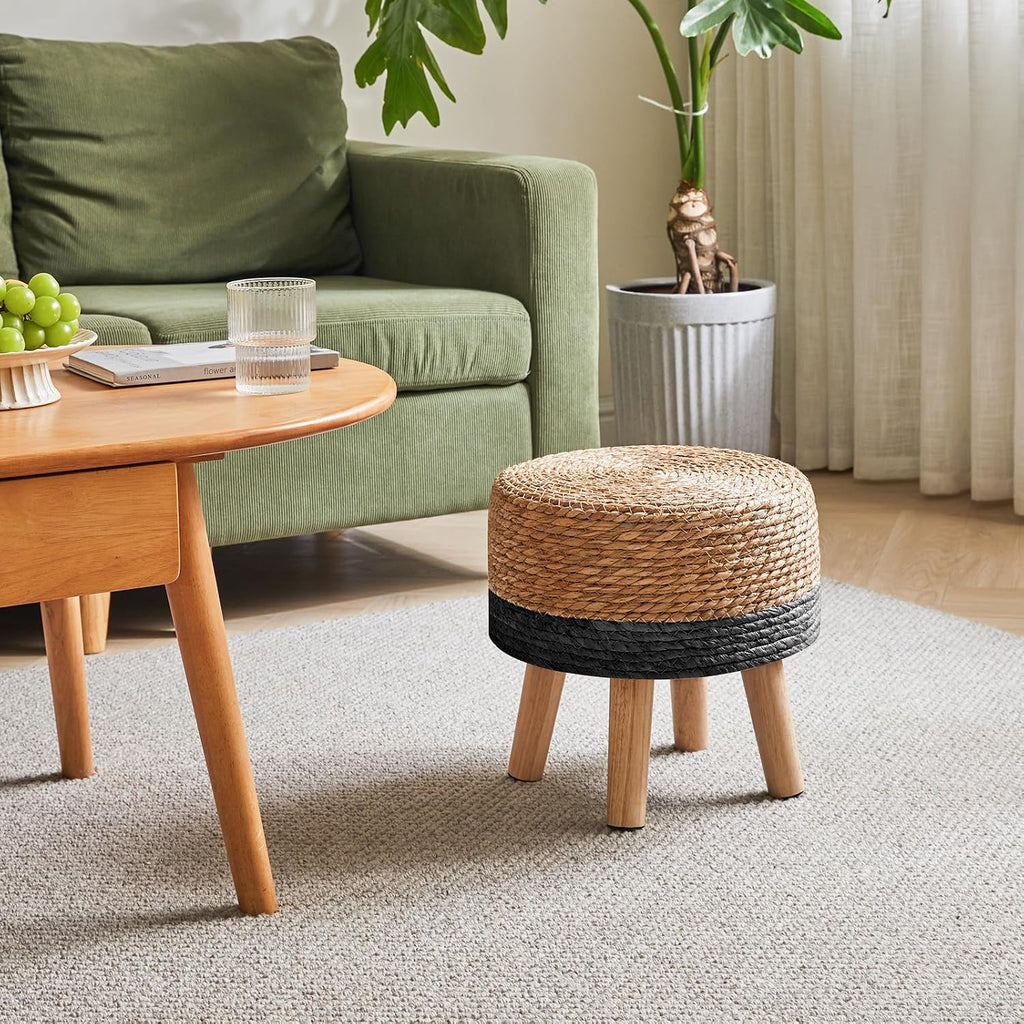 YMYNY Foot Stool, 12.6" Small Ottoman, Natural+Black,HBD027B | Natural Seagrass Hand Weave, Round Footrest, Non-Skid Wood Legs, Boho Style,for Living Room, Bedroom, Entryway