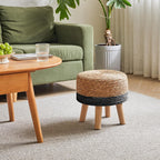 YMYNY Foot Stool, 12.6" Small Ottoman, Natural+Black,HBD027B | Natural Seagrass Hand Weave, Round Footrest, Non-Skid Wood Legs, Boho Style,for Living Room, Bedroom, Entryway