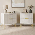 White Fluted Nightstand Set of 2, Modern Bedside Table with 2 Drawers and Gold Legs, 19.7’’ Night Stand Wood End Table for Bedroom