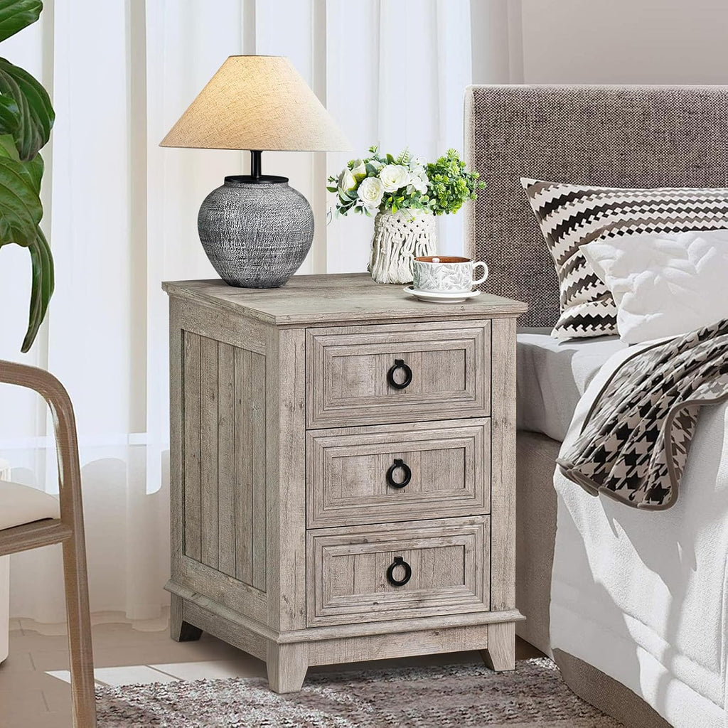 Joaxswe Farmhouse Nightstand Set 2, 18'' End Table | Sofa Bed Side Table with 3 Drawers, Oak Night Stand Cabinet for Organizer Bedroom Living Room