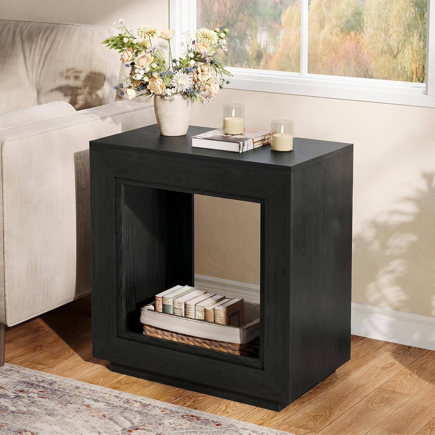 LITTLE TREE End Table with Storage, Wooden Square Side Table, Industrial Sofa Side Tables for Living Room, 2-Tier Bedside Table Nightstand for Bedroom, Chair Side Table for Small Spaces, Black