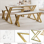 GarveeHome Kitchen Table with 2 Benches, Dining Table Set for 4 | Unique X-Shaped Design,Faux Marble Tabletop,Saving Space,For Kitchen, Dining Room,Apartment,Sturdy Metal Frame