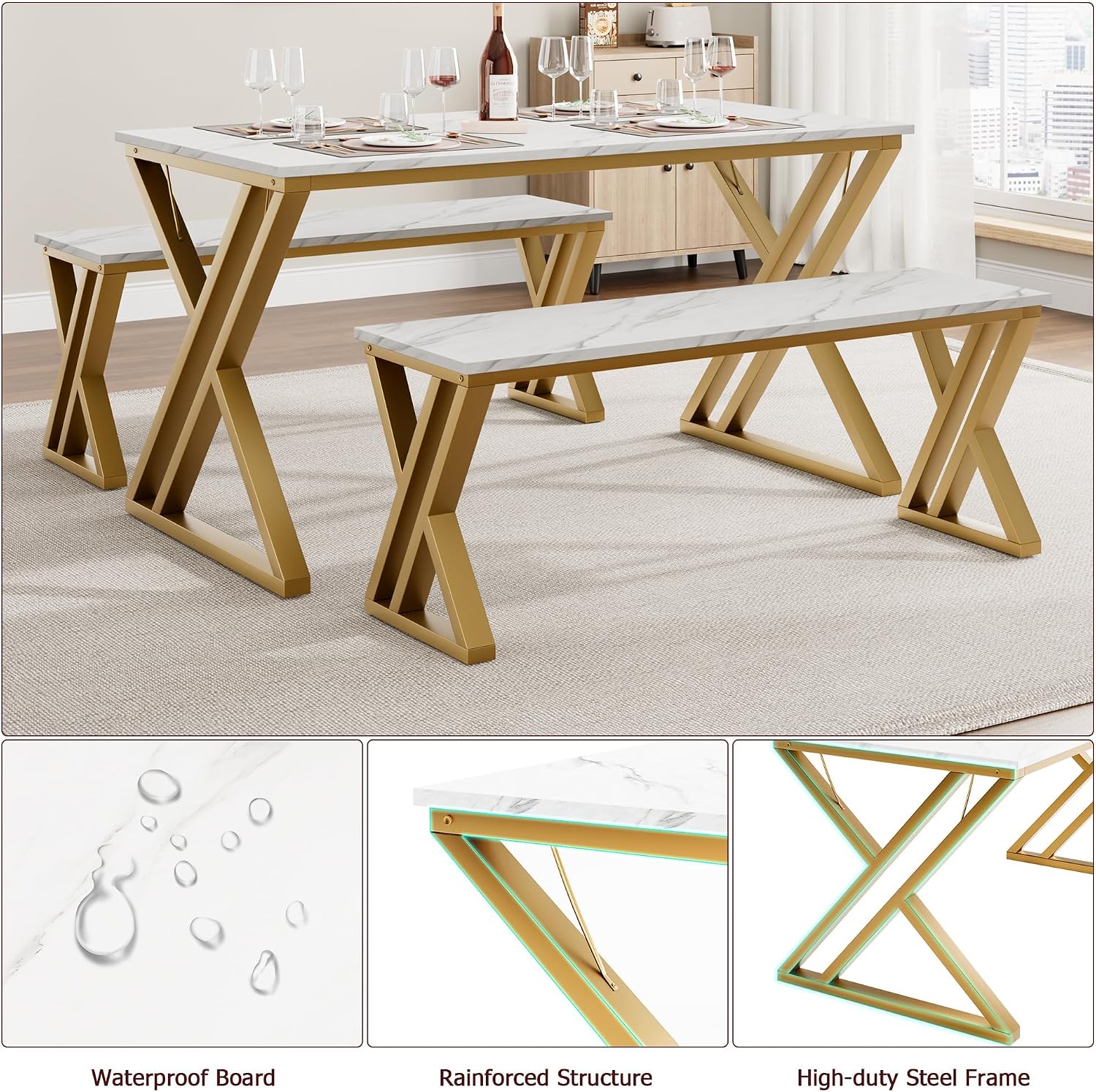 GarveeHome Kitchen Table with 2 Benches, Dining Table Set for 4 | Unique X-Shaped Design,Faux Marble Tabletop,Saving Space,For Kitchen, Dining Room,Apartment,Sturdy Metal Frame