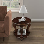 22'' Retro Round End Table,Solid Wood Sofa Side Table with Shelf,Living Room Corner Table Easy Assemble,Cherry