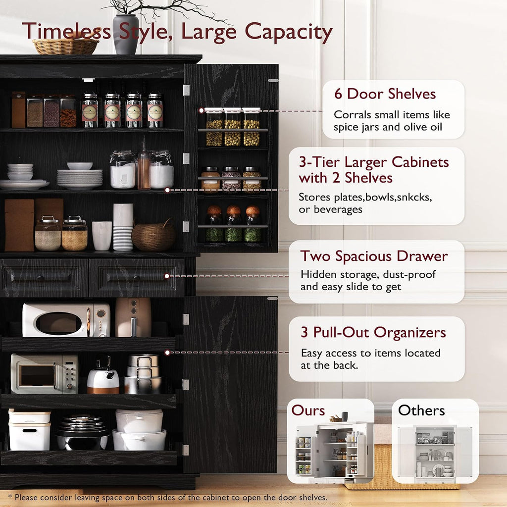 71" Tall Kitchen Pantry Cabinet, Freestanding Storage Cabinet with 3 Pull-Out Cabinet Organizers 6 Door Storage Shelves 2 Drawers, Farmhouse Embossed Texture Cupboard for Kitchen, Black