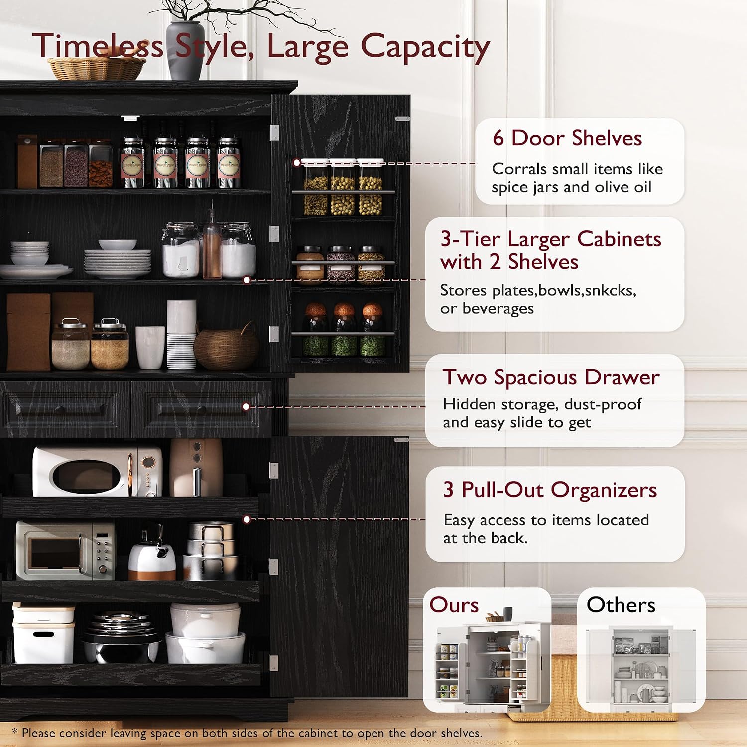 71" Tall Kitchen Pantry Cabinet, Freestanding Storage Cabinet with 3 Pull-Out Cabinet Organizers 6 Door Storage Shelves 2 Drawers, Farmhouse Embossed Texture Cupboard for Kitchen, Black