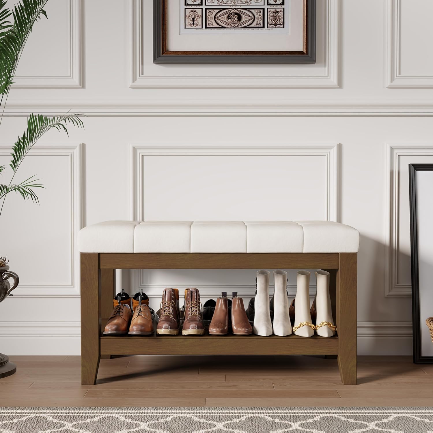 ABHENG Solid Rubber Wood Shoe Bench, Soft Chenille Material Upholstered Seat, 770LB Load Capacity, Multi-Storage for Entryway/Bedroom/Living Room, Vintage Style, 31.5"x15.7"x17.7", White,UASND66W