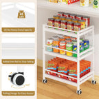 3-Tier Expandable Rolling Pantry Organizers and Storage Cart with Wheels, Adjustable Pantry Floor Organizer, Snack Cart for Pantry, Kitchen Storage Cart with 4 Hooks for Snack, Food, Vegetables, White