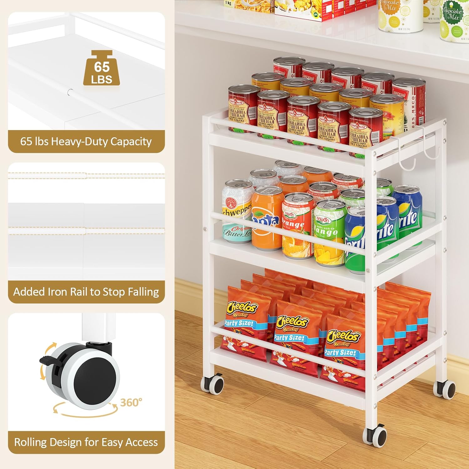 3-Tier Expandable Rolling Pantry Organizers and Storage Cart with Wheels, Adjustable Pantry Floor Organizer, Snack Cart for Pantry, Kitchen Storage Cart with 4 Hooks for Snack, Food, Vegetables, White