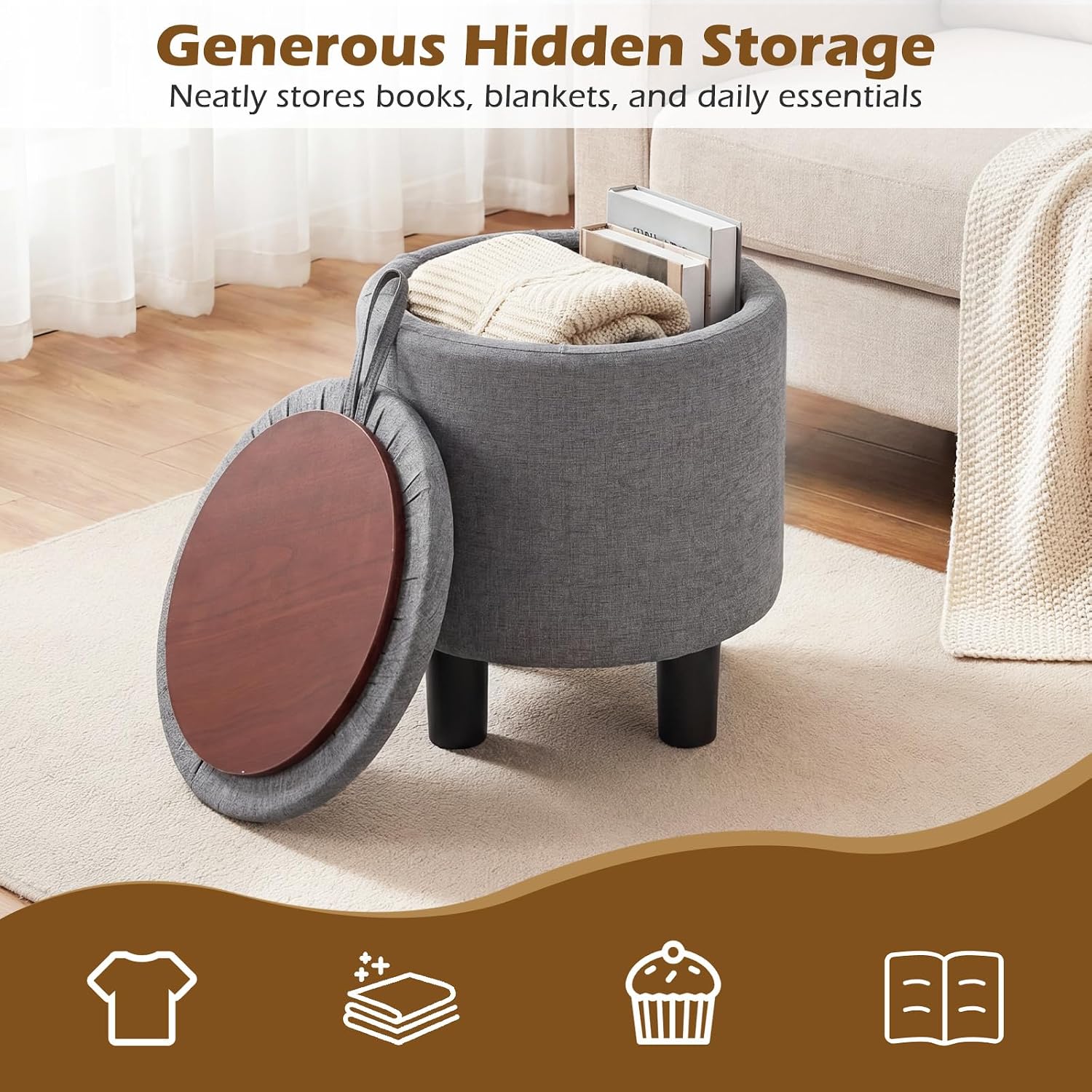 GIANTEX Round Storage Ottoman with Removable Lid & Sturdy Legs, Gray | Linen Fabric Upholstered Ottoman Foot Stool, Small Foot Rest for Living Room, Bedroom