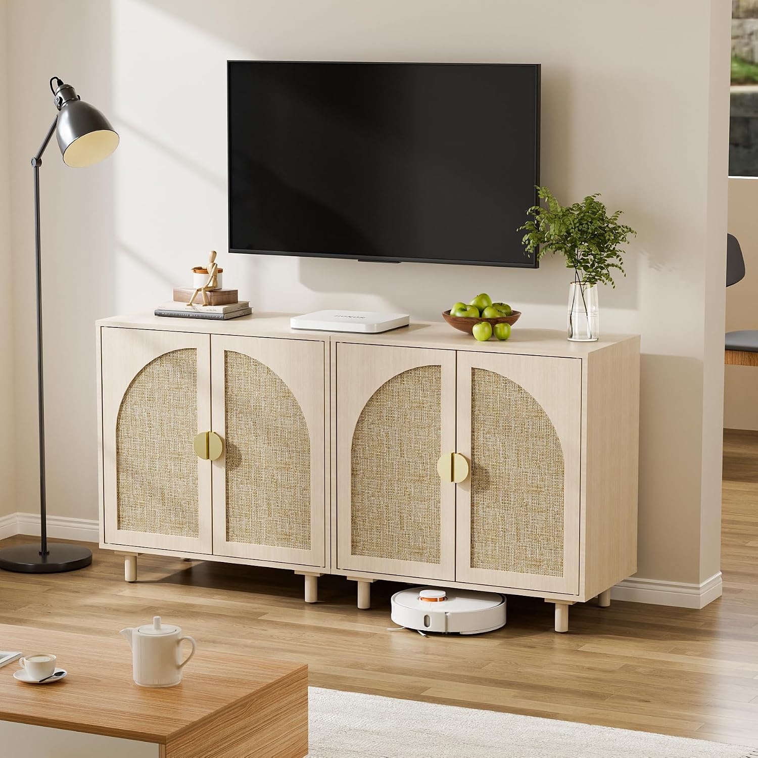 Rattan Sideboard Buffet Cabinet, Wood Storage Credenza Cabinet with Doors and Shelves, Boho Sideboard Cabinet with Curved Door for Living Room, Kitchen, Entryway, Beige