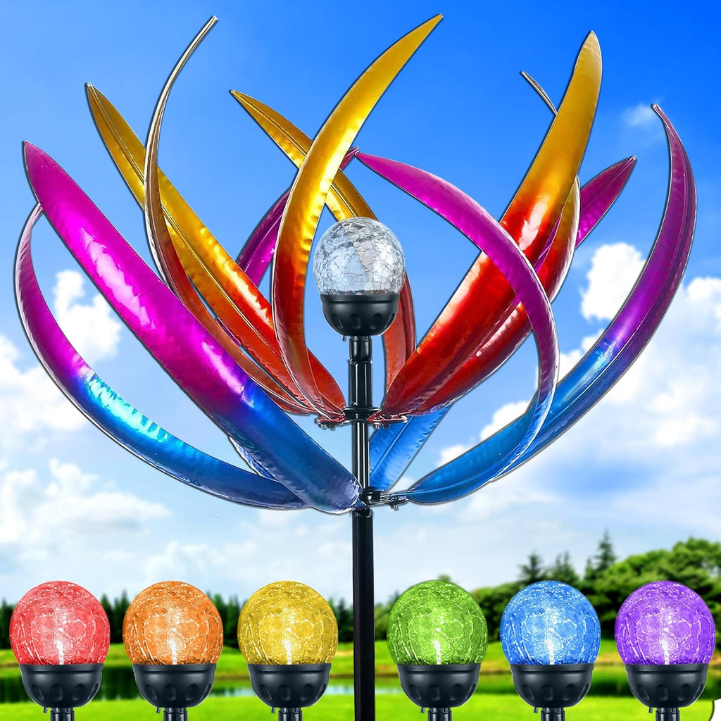 Wind Spinners Outdoor for Yard and Garden - Wind Sculptures & Spinners - 70 Inch Wind Spinner with Solar Powered Multi-Color Glass Ball Light for Yard Garden Backyard Lawn Decorations