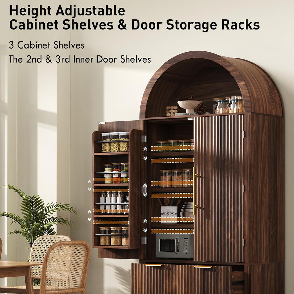 Polibi 72" Tall Arched Kitchen Pantry Cabinet with 2 Drawers & 8 Adjustable Door Shelves, Mid-Century Modern Fluted Storage Cabinet,Wooden Food Cupboard Organizer Buffet Hutch, Walnut