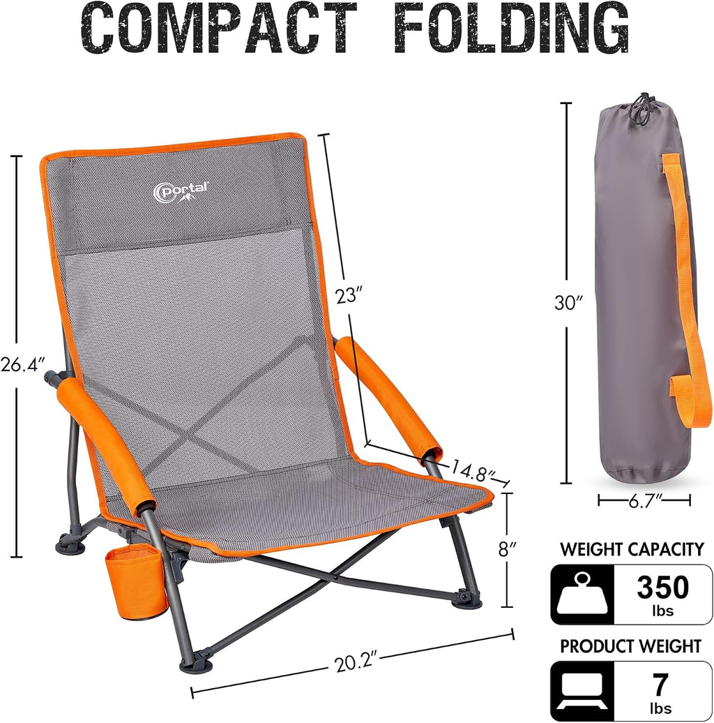 Portal Beach Chairs for Adults Camping Low Lightweight Portable Chair with Cup Holder Mesh Back Carry Bag for Outdoor Sand Lawn Travel Picnic Festival Concert