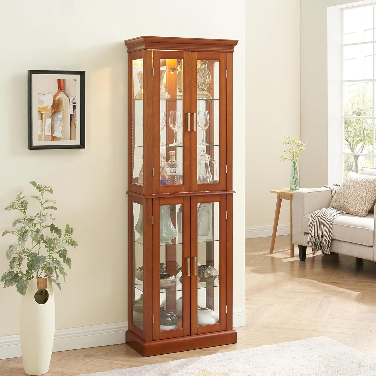 Lighted Curio Cabinet with Tempered Glass Doors, 6 Tiers Curio Diapaly Cabinet with Adjustable Shelves and Mirrored Back Panel, Floor Standing Glass Display Cabinet for Home No Bulb (Walnut)