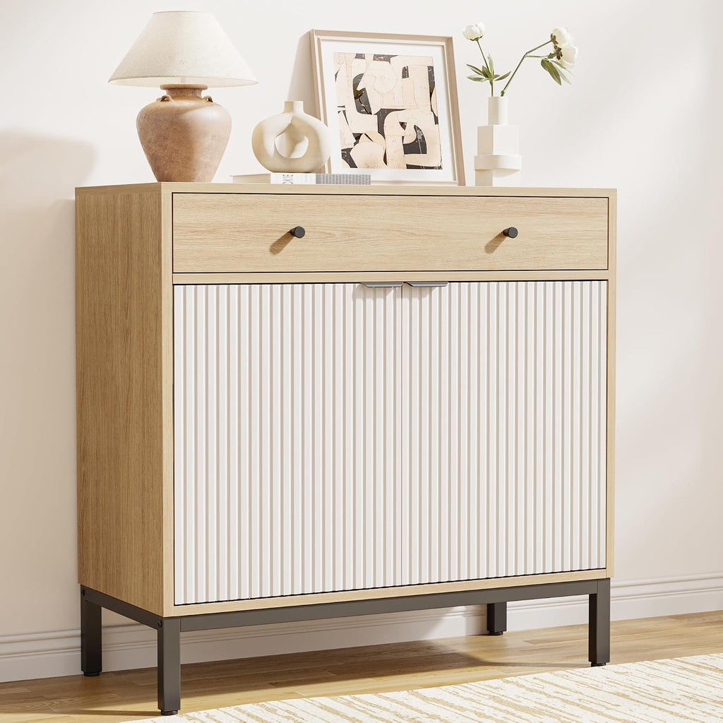 Mericonia Farmhouse Buffet Sideboard Cabinet with Storage, Fluted Coffee Bar with Doors and Adjustable Shelves, Modern Wood Cabinet for Kitchen, Livingroom (Fluted 2 Door, Oak & White)