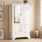 LIKIMIO Armoire Wardrobe with Mirror, 3-Door Hanging Rod & Drawers | 3-door armoire with mirror. Hanging rod, 2 drawers, 4 hooks. P2 MDF, anti-tip.