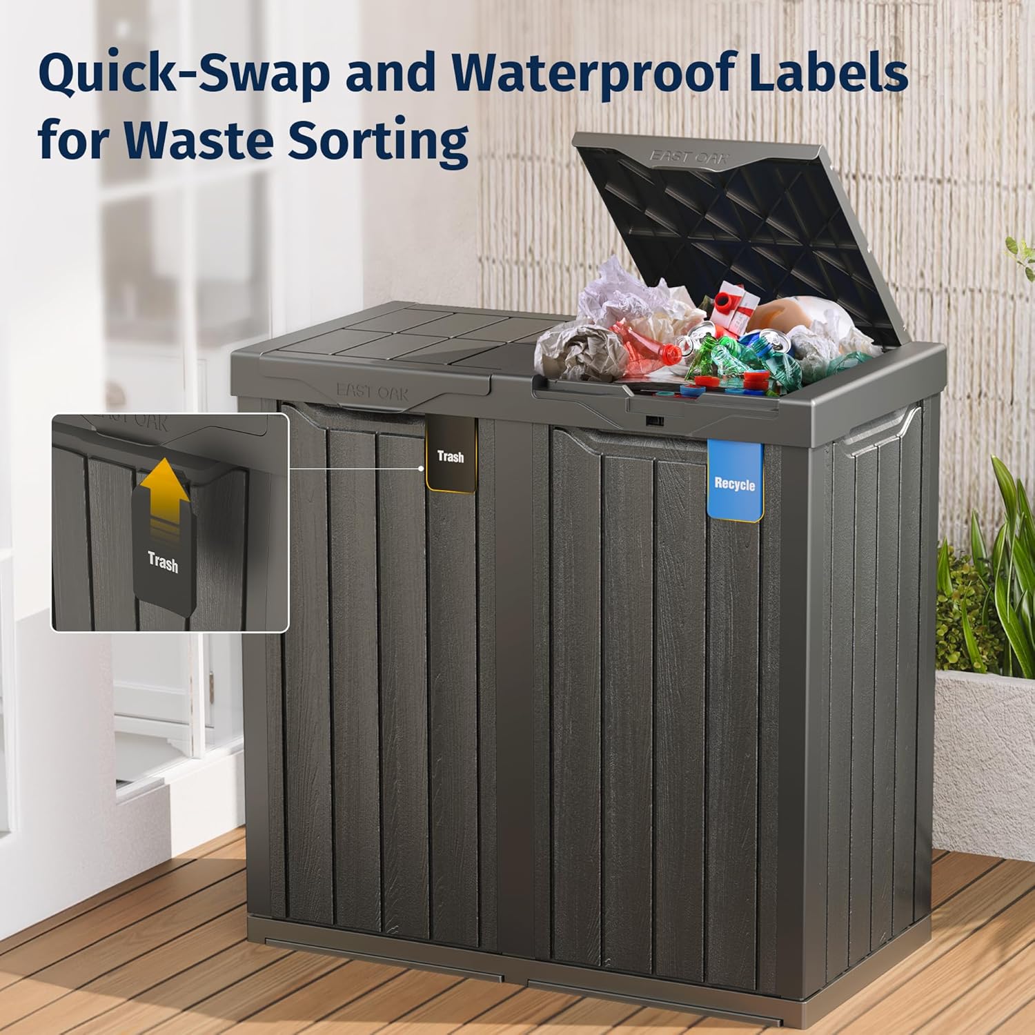 EAST OAK 62 Gallon Outdoor Trash Can | Waterproof Resin Garbage Can with Recycle and Garbage Labels | Secure Bag Lip Lock and Drip Tray | Outside Trash Bin for Patio | Kitchen, Backyard or Deck | Gray