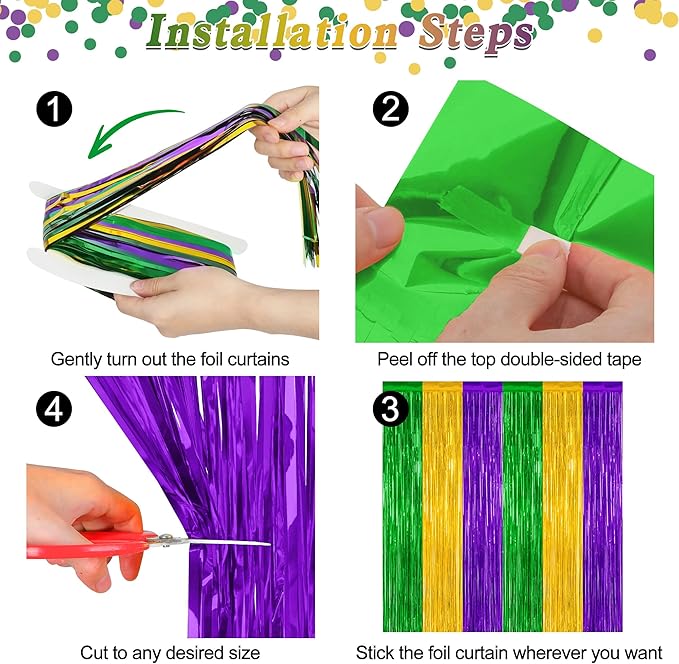 2 Pack Mardi Gras Tinsel Backdrop, 3.28 FT x 7.05 FT Metallic Fringe Curtain, Purple Gold Green Color Foil Backdrop Party Streamer, Mardi Gras Photo Booth Props Lobster Party Decorations