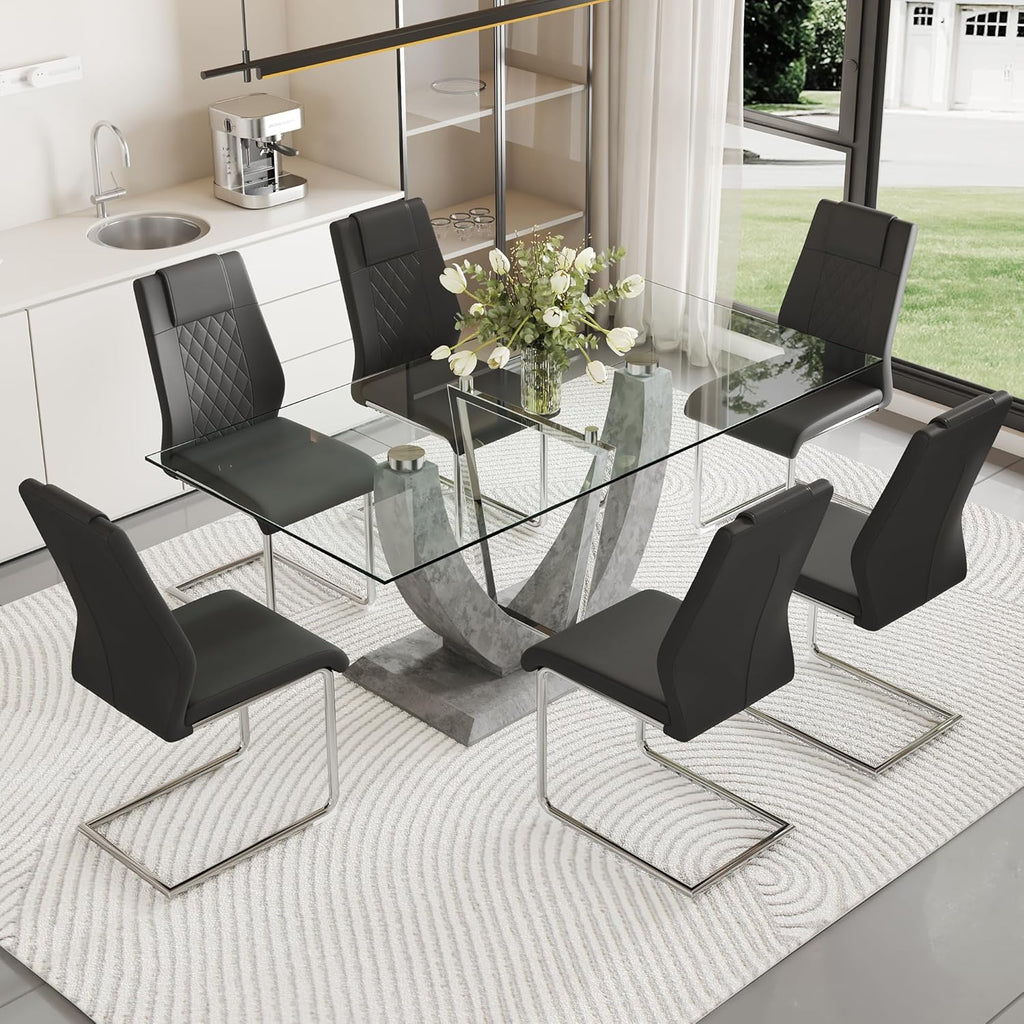 71" Glass Dining Table, Modern Kitchen Table for 6-8, Large Rectangle Dinner Table with Tempered Glass Top and Wooden Base for Dining Room, Kitchen