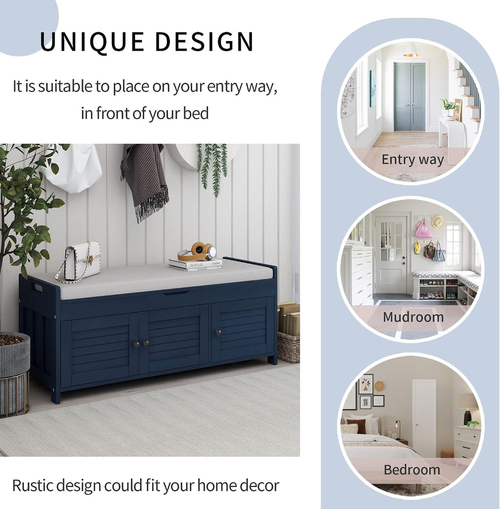 Storage Bench with 3 Shutter-Shaped Doors, Wood Shoe Bench with Removable Cushion and Hidden Storage Space for Entryway, Living Room, Hallway 43.5" L*16" W*18" H Antique Navy