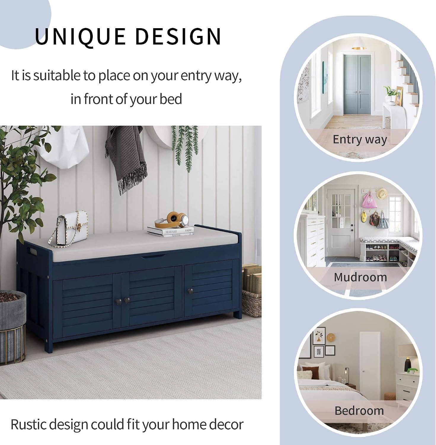 Storage Bench with 3 Shutter-Shaped Doors, Wood Shoe Bench with Removable Cushion and Hidden Storage Space for Entryway, Living Room, Hallway 43.5" L*16" W*18" H Antique Navy