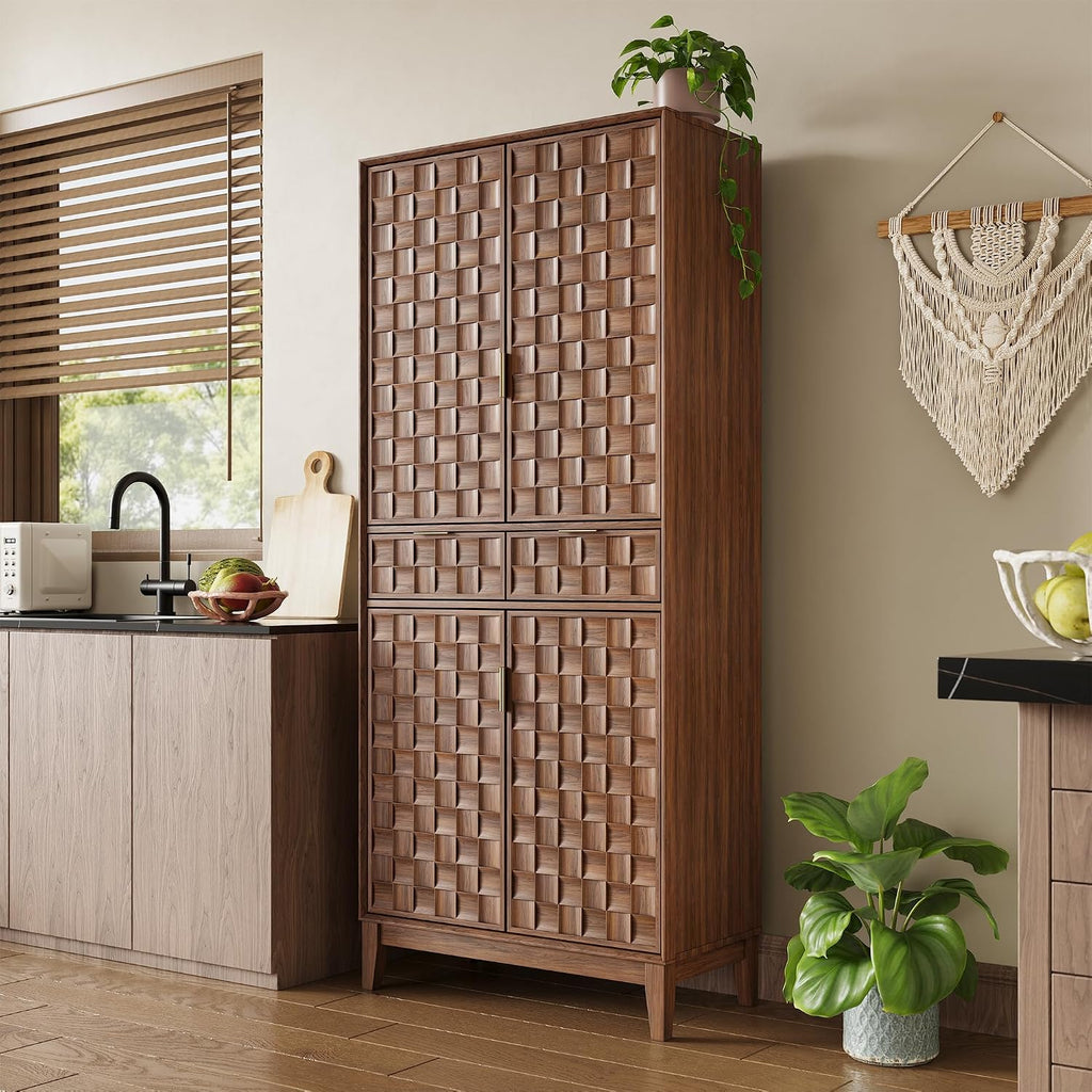 Pantry Cabinet, 71" Tall Pantry Cabinet,Modern Kitchen Cabinet with Doors, Drawers & Adjustable Shelves, Freestanding Food Pantry Cupboard with Side Rack for Kitchen Dining Room,Walnut