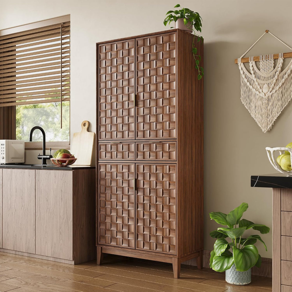 Pantry Cabinet, 71" Tall Pantry Cabinet,Modern Kitchen Cabinet with Doors, Drawers & Adjustable Shelves, Freestanding Food Pantry Cupboard with Side Rack for Kitchen Dining Room,Walnut