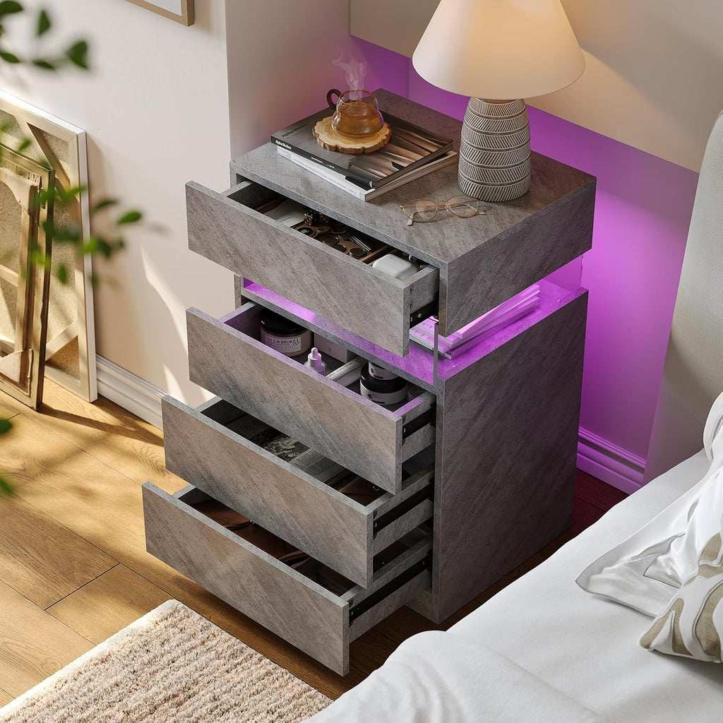 Bingoday Gray LED Night Stand Set 2 with 4 Drawers Modern Bedside Table | Nightstands with App-Controlled Adjustable LED Lights, Night Stand with Storage Shelf ,Modern Bedside Table for Bedroom