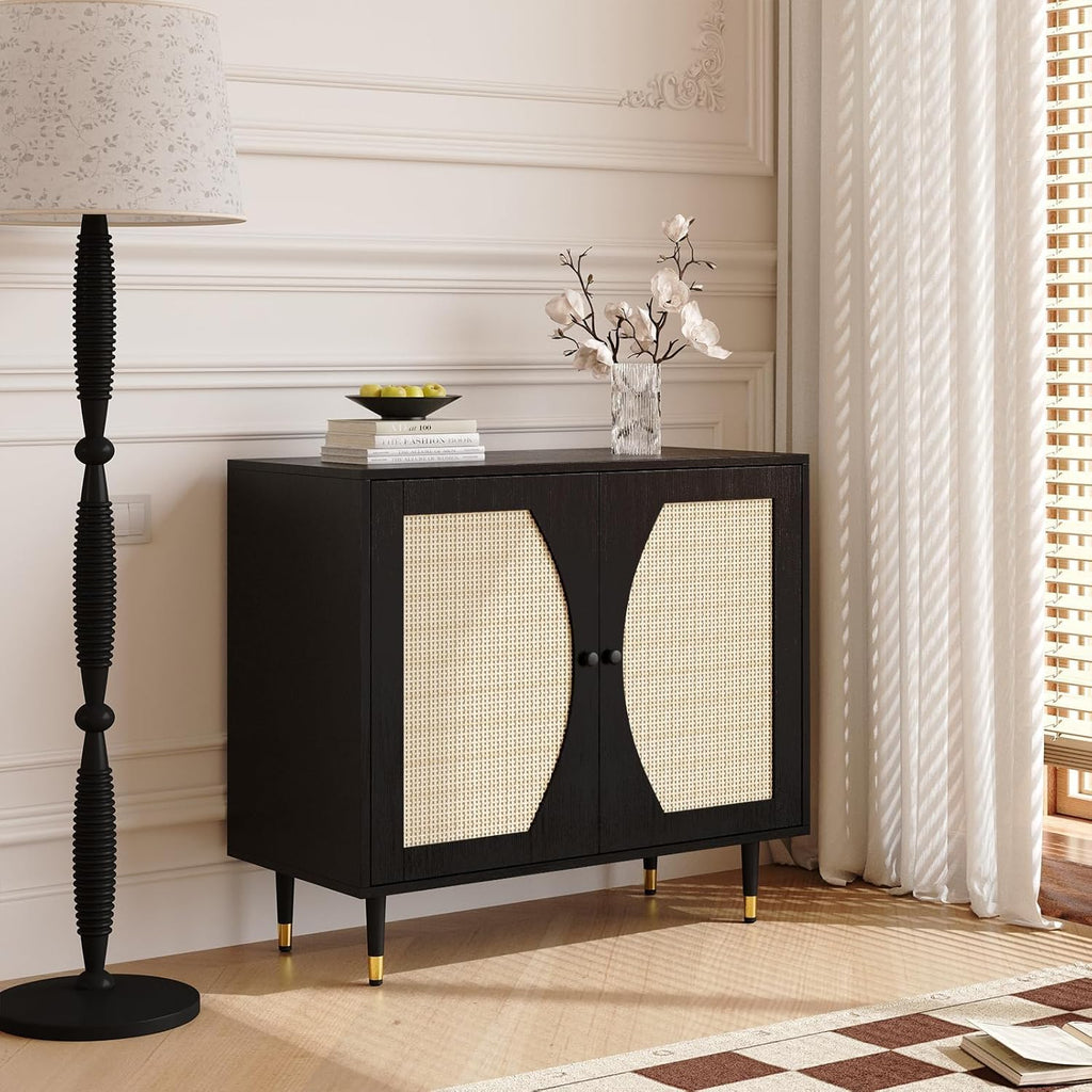 4ever2buy Rattan Buffet Cabinet with Storage, Black Sideboard Cabinet with Rattan Decor Doors, Buffet Table with Storage, Black Console Table with Adjustable Shelves, Living Room Cabinets